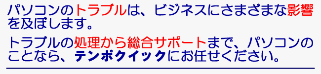 パソコンのトラブルは、ビジネスでさまざまな影響を及ぼします。トラブルの処理から総合サポートまで、パソコンのことなら、テンポクイックにお任せください。